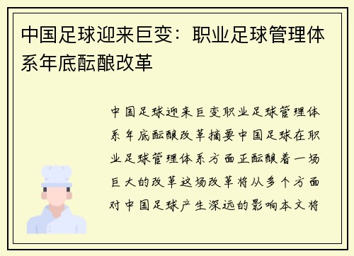 中国足球迎来巨变：职业足球管理体系年底酝酿改革